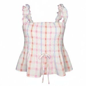 Blu Pepper Juniors Size M Multicolor Plaid Smocked Ruffle Strap Peplum Tank Top